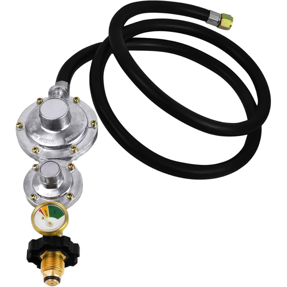 Upgraded Two Stage Propane Regulator with 5Ft Hose and Gauge, Standard P.O.L Tan