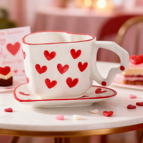 Upgraded Valentine Heart Ceramic Mug Cute Coffee Cup with Coaster Red Valentine's Day Gifts