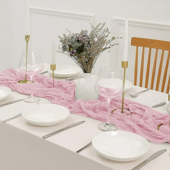 Upgraded Valentines Day Table Runner Bohemian Style Pleated Polyester Tablecloth Wedding Party Table Decoration Cloth 70.87inch Pinky O