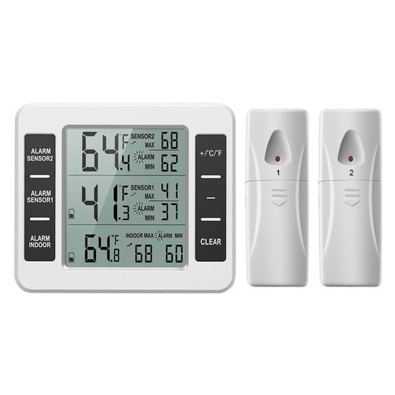 Upgraded Version Refrigerator Thermometer Wireless Digital Freezer Thermometer Digital Sensor with 2PCS Sensors Temperature Monitor and Audible Alarm for Indoor / Outdoor (Battery Not Included)