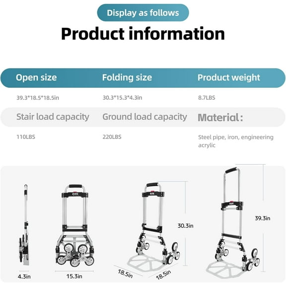 【Upgraded Version】 Stair Climber Hand Truck and Dolly, 220 Lb Capacity Stair Climbing Cart Heavy-Duty Trolley Cart