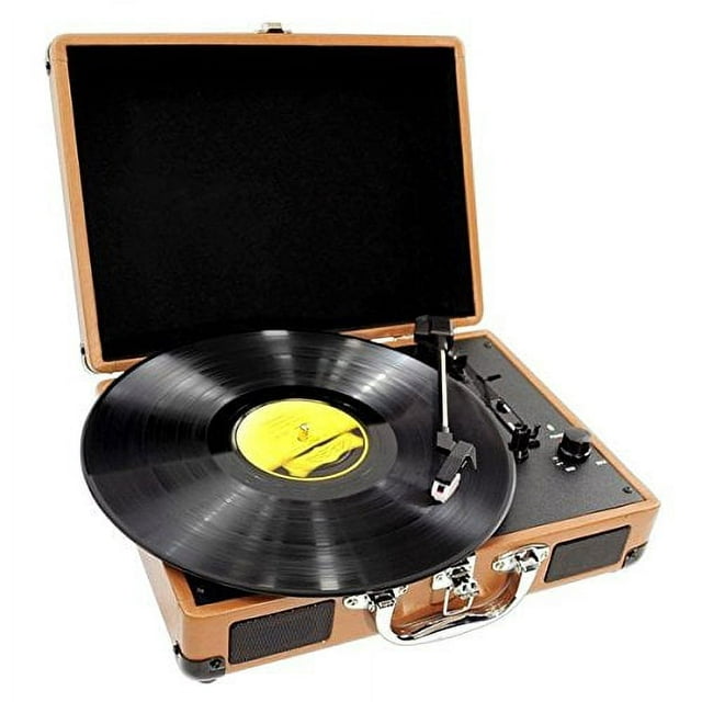 Upgraded Version Vintage Record Player - Classic Vinyl Player, Turntable, Rechargeable Batteries, MP3 Vinyl, Music Editing Software Included, USB-to-PC Connection, 3 Speed - Pyle PVTT2UWD (Wood)