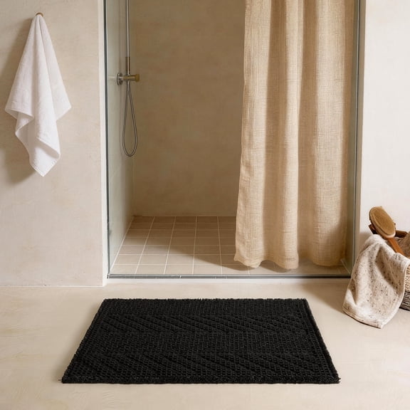 BULULOM Black Bathroom Rug, Waffle Bath Mat Non Slip Washable Super Absorbent Quick Dry, Boho Farmhouse Bathroom Decor, 20"*30" Black