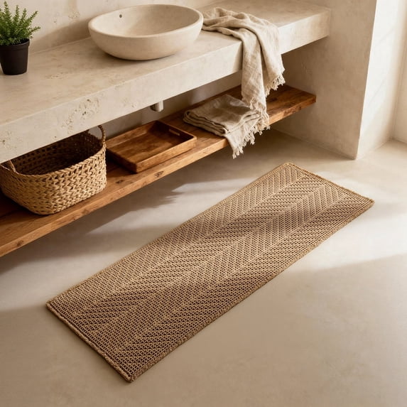 BULULOM Boho Runner Rug, Herringbone Waffle Bathroom Rugs Non Slip Washable Super Absorbent Quick Dry, Farmhouse Long Bath Mat, 72"x24" Khaki