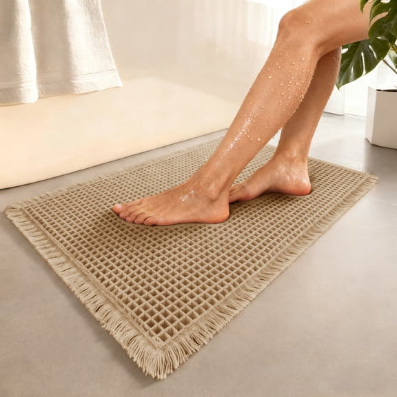 Upgraded Waffle Bath Mat, Super Absorbent Non Slip Bath Mats for Bathroom Floor, Machine Washable Bathroom Rugs with Tassels, Rubber Backed Bathroom Mats, Ultra Soft, 16.9" x 24", Khaki