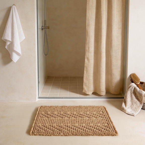 Boho Bathroom Rugs，Herringbone Waffle Bath Mat Non Slip Washable Super Absorbent Quick Dry Farmhouse Bathroom Decor 16"*24" Khaki