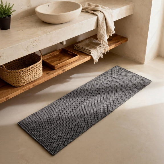 BULULOM Boho Bathroom Rug - Ultra Soft Non Slip Waffle Bath Mat, Bathroom Decor with Tassels, Long Herringbone Texture Absorbent, achine Washable,24"*72" Grey