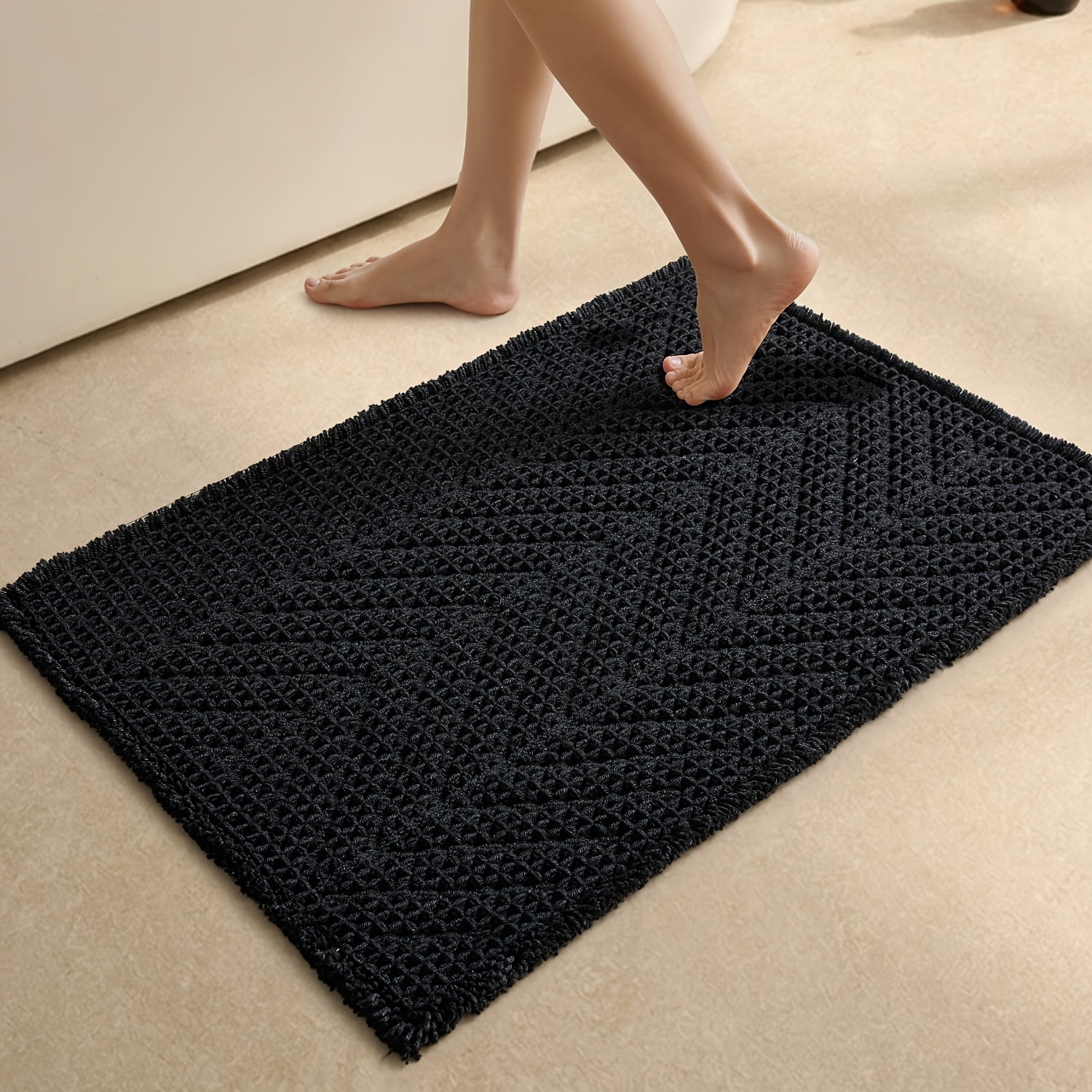 BULULOM Black Bathroom Rug, Waffle Bath Mat Non Slip Washable Super Absorbent Quick Dry, Boho Farmhouse Bathroom Decor, 20"*30" Black