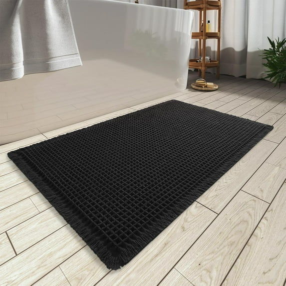 Upgraded Waffle Bath Mat, Super Absorbent Non Slip Bath Mats for Bathroom Floor, Machine Washable Bathroom Rugs with Tassels, Rubber Backed Bathroom Mats, Ultra Soft,Black 17" x 24"