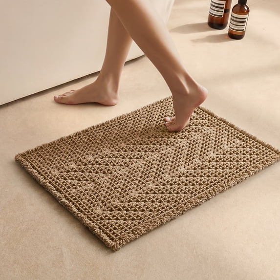 BULULOM Bathroom Rugs,Herringbone Boho Small Waffle Bath Mat, Non Slip Washable Super Absorbent Quick Dry, Farmhouse Bathroom Decor 16"*24" Khaki