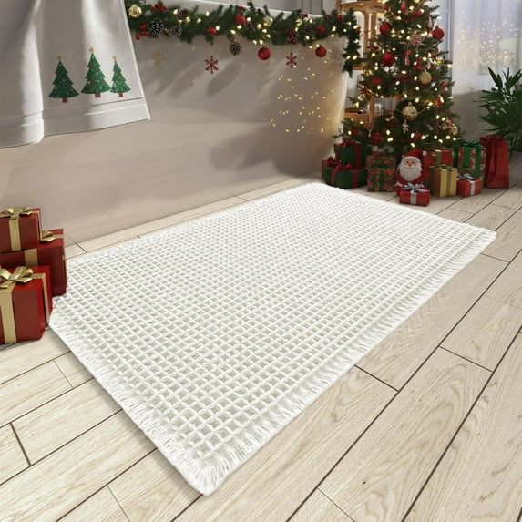 Upgraded Waffle Bath Mat, Super Absorbent Non Slip Bath Mats for Bathroom Floor, Machine Washable Bathroom Rugs with Tassels, Rubber Backed Bathroom Mats, Ultra Soft,White 17" x 24"