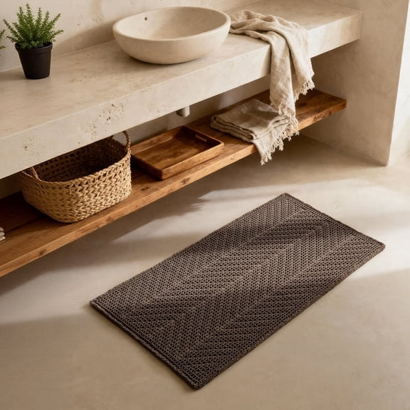 BULULOM Boho Bathroom Rug -Long Herringbone Texture Absorbent Waffle Bath Mat, Ultra Soft Anti Non Slip Super Absorbent Quick Dry, achine Washable,24"*48" Taupe
