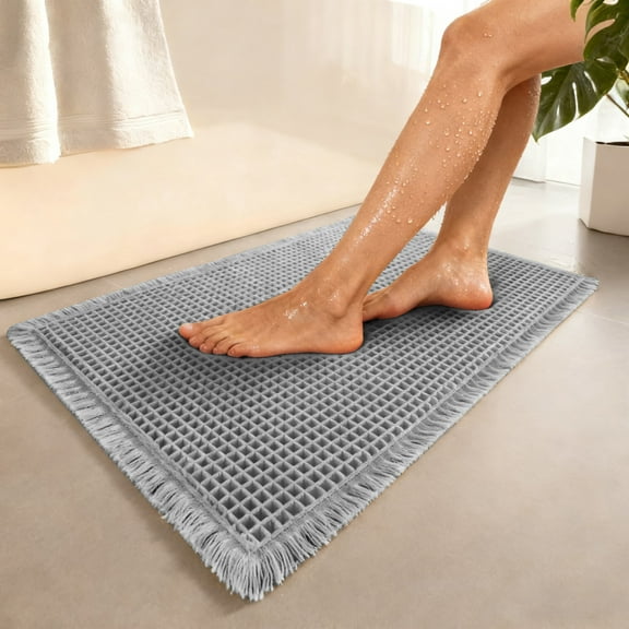Upgraded Waffle Bath Mat, Super Absorbent Non Slip Bath Mats for Bathroom Floor, Machine Washable Bathroom Rugs with Tassels, Rubber Backed Bathroom Mats, Ultra Soft, 16.9" x 24", Grey