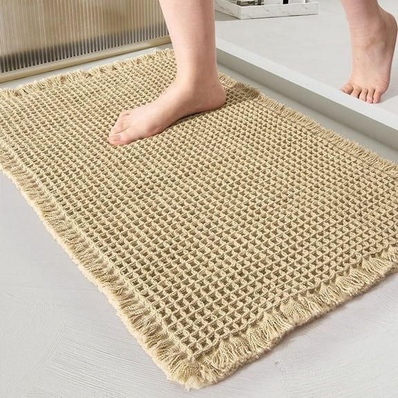 Upgraded Waffle Bath Mat, Super Absorbent Non Slip Bath Mats for Bathroom Floor, Machine Washable Bathroom Rugs with Tassels, Rubber Backed Bathroom Mats, Ultra Soft, 17" x 24", Khaki