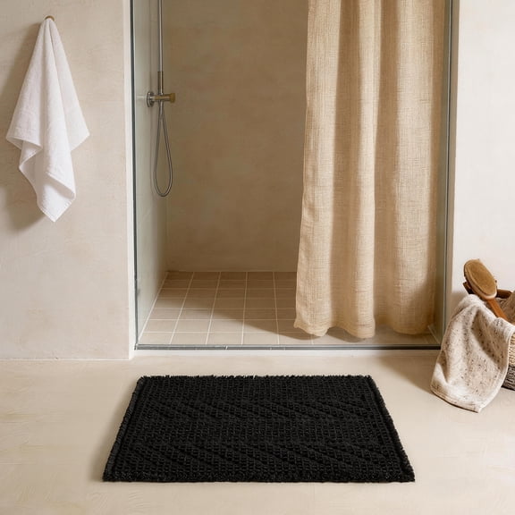 Black Bathroom Rug, Waffle Bath Mat Non Slip Washable Super Absorbent Quick Dry Boho Farmhouse Bathroom Decor, 16"*24" Black