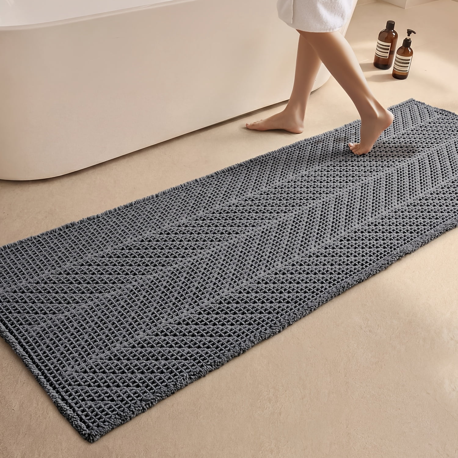 BULULOM Bathroom Rug - Ultra Soft Non Slip Waffle Bath Mat, Bathroom Decor with Tassels, Long Herringbone Texture Absorbent, achine Washable,24"*72" Grey