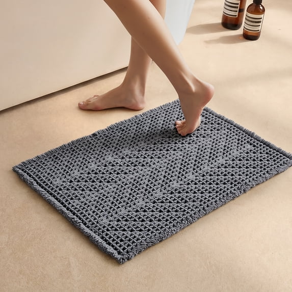 BULULOM Bathroom Rug, Ultra Soft Non Slip Small Waffle Bath Mat, Bathroom Decor with Tassels, Herringbone Texture Absorbent, Achine Washable,16"*24" Grey