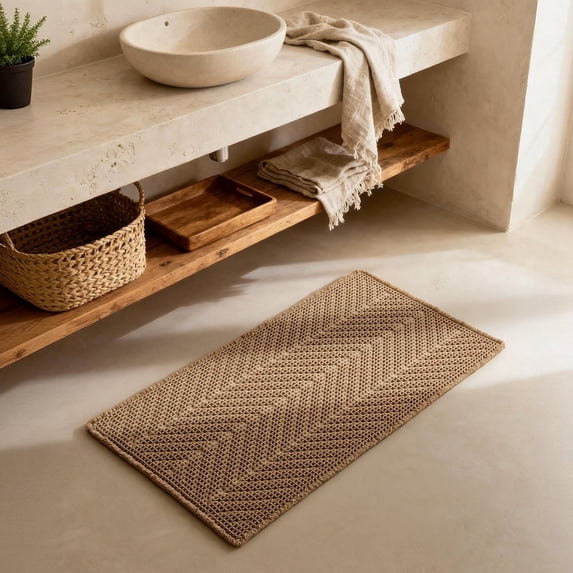 BULULOM Boho Bathroom Rugs,Herringbone Waffle Bath Mat Non Slip Washable Super Absorbent Quick Dry, Farmhouse Bathroom Decor 24"*48" Khaki