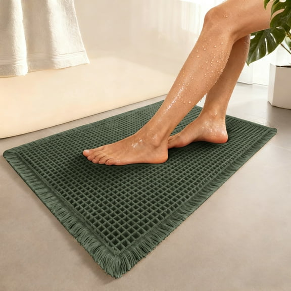 Upgraded Waffle Bath Mat, Super Absorbent Non Slip Bath Mats for Bathroom Floor, Machine Washable Bathroom Rugs with Tassels, Rubber Backed Bathroom Mats, Ultra Soft, 16.9" x 24", Olive Green
