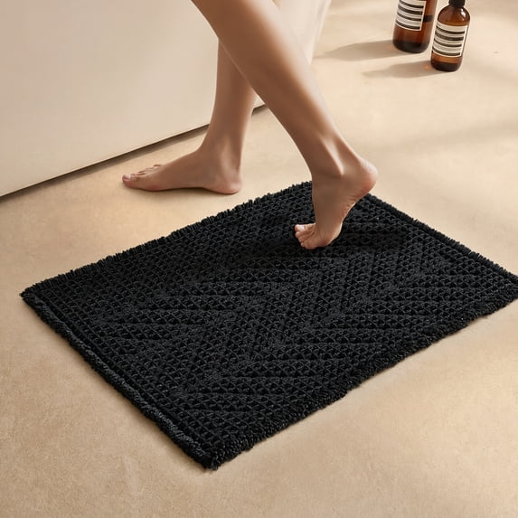 BULULOM Black Bathroom Rug, Small Waffle Bath Mat Non Slip Washable Super Absorbent Quick Dry, Boho Farmhouse Bathroom Decor, 16"*24" Black