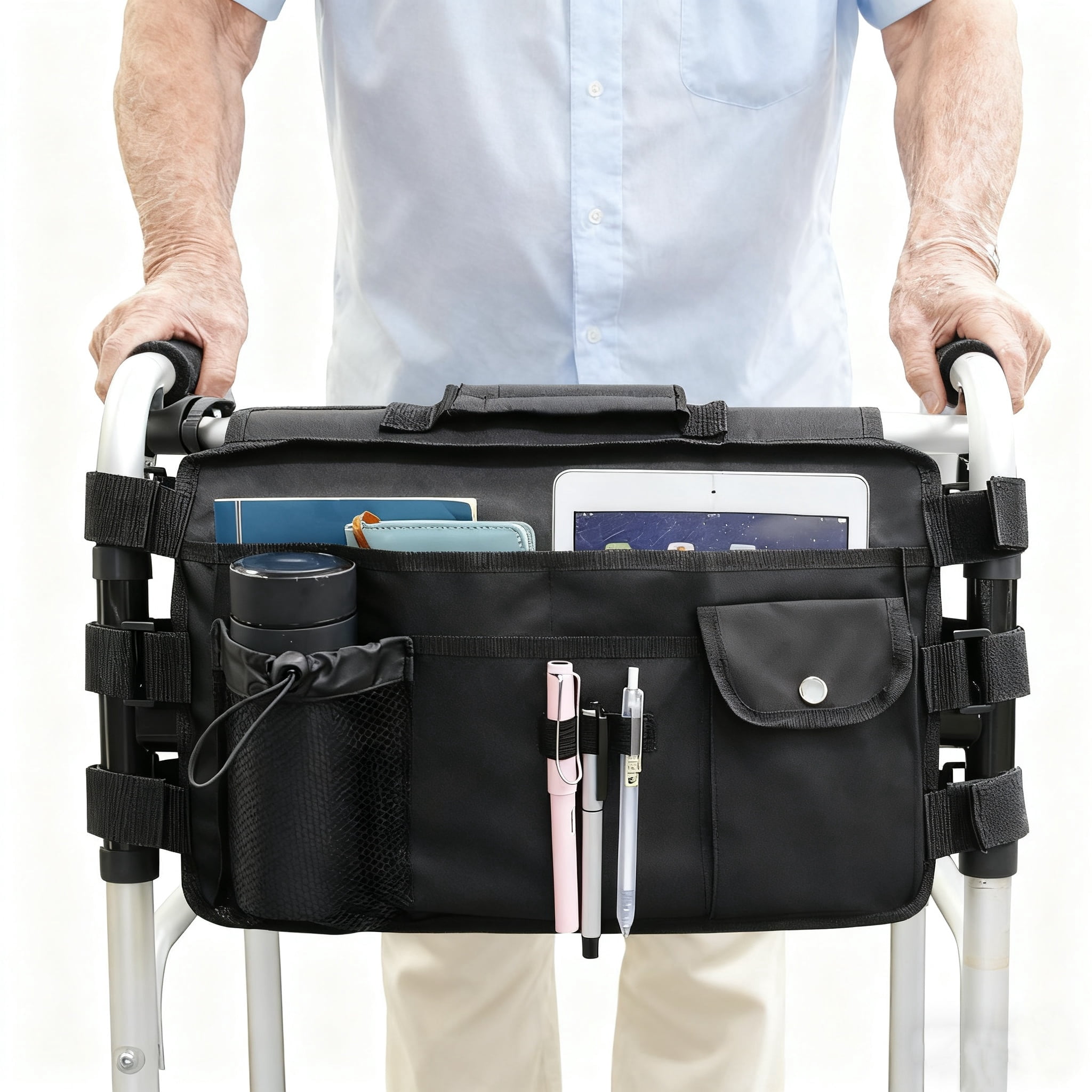 Upgraded Walker Bag for Folding Walker, Double Sided Walker Basket with Multi Pockets Cup Phone Holder Large Capacity Storage Basket for Seniors Walkers, Rollators