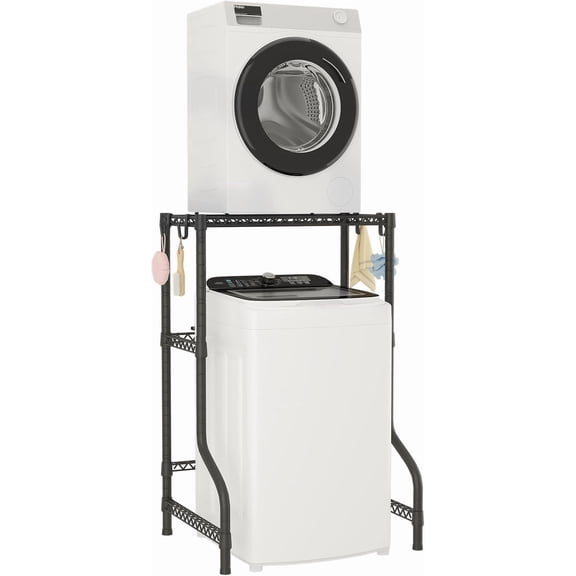 Upgraded Washer Dryer Stacking Rack for Narrow Spaces, Metal Over-Unit Storage Shelves, Black