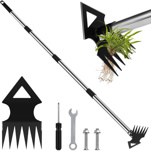 Upgraded Weed Puller Tool with Long Handle, 56" Manual Weeder Remover Tool, 2 in 1 Hand Rake Garden Hoe for Gardening, Heavy Duty Uprooting Weeding Pull Lawn, Yard, Patio