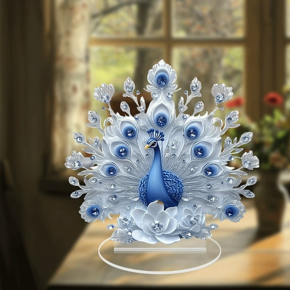 Upgraded White And Blue Peacock Display Piece Home Decor For Living Room And Study