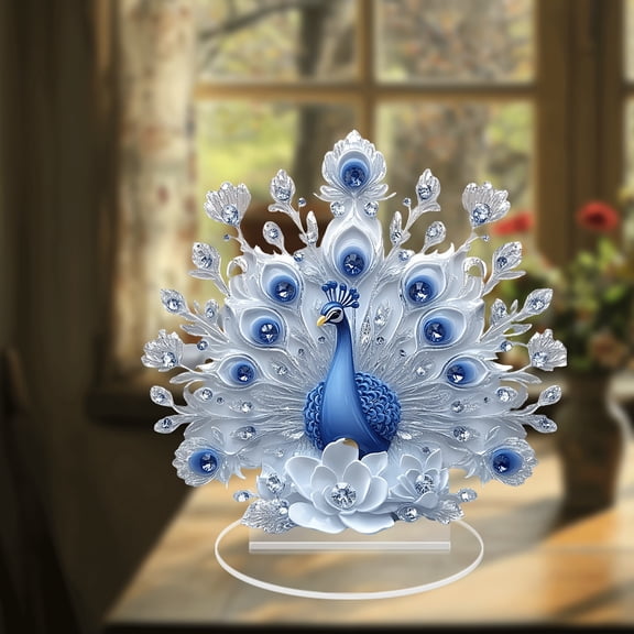 Upgraded White And Blue Peacock Display Piece Home Decor For Living Room And Study