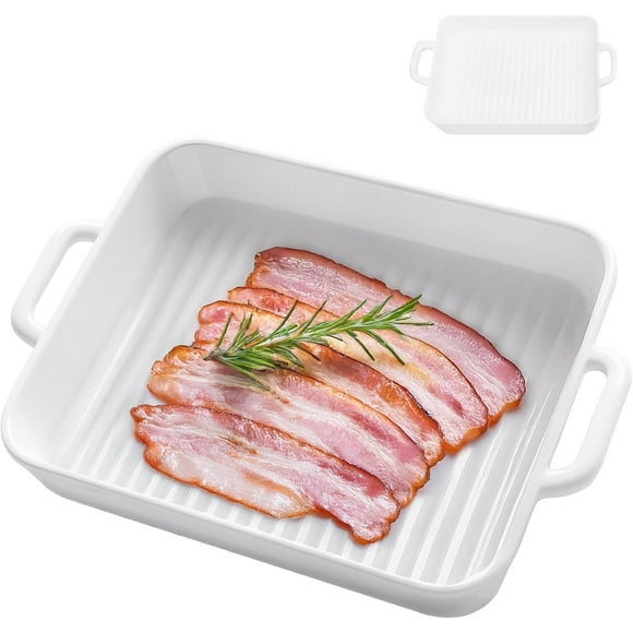 Upgraded White Ceramic Bacon Baking Tray, Microwave-Safe Bacon Cooking Tray, Multi-Functional Square Baking Tray, Microwave-Safe Bacon, Microwave-Specific Bacon Baking Tray, Microwave Bacon Cooker