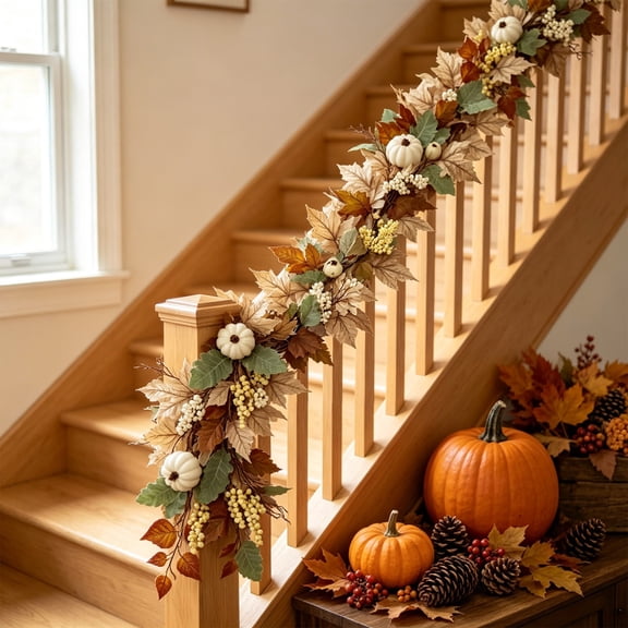 Upgraded White Maple Leaf Garland, Fall Thanksgiving Hanging Decoration with Cotton and Pumpkin Accents, Door Wall Fireplace Porch Decor, Indoor Outdoor, 71 in #31
