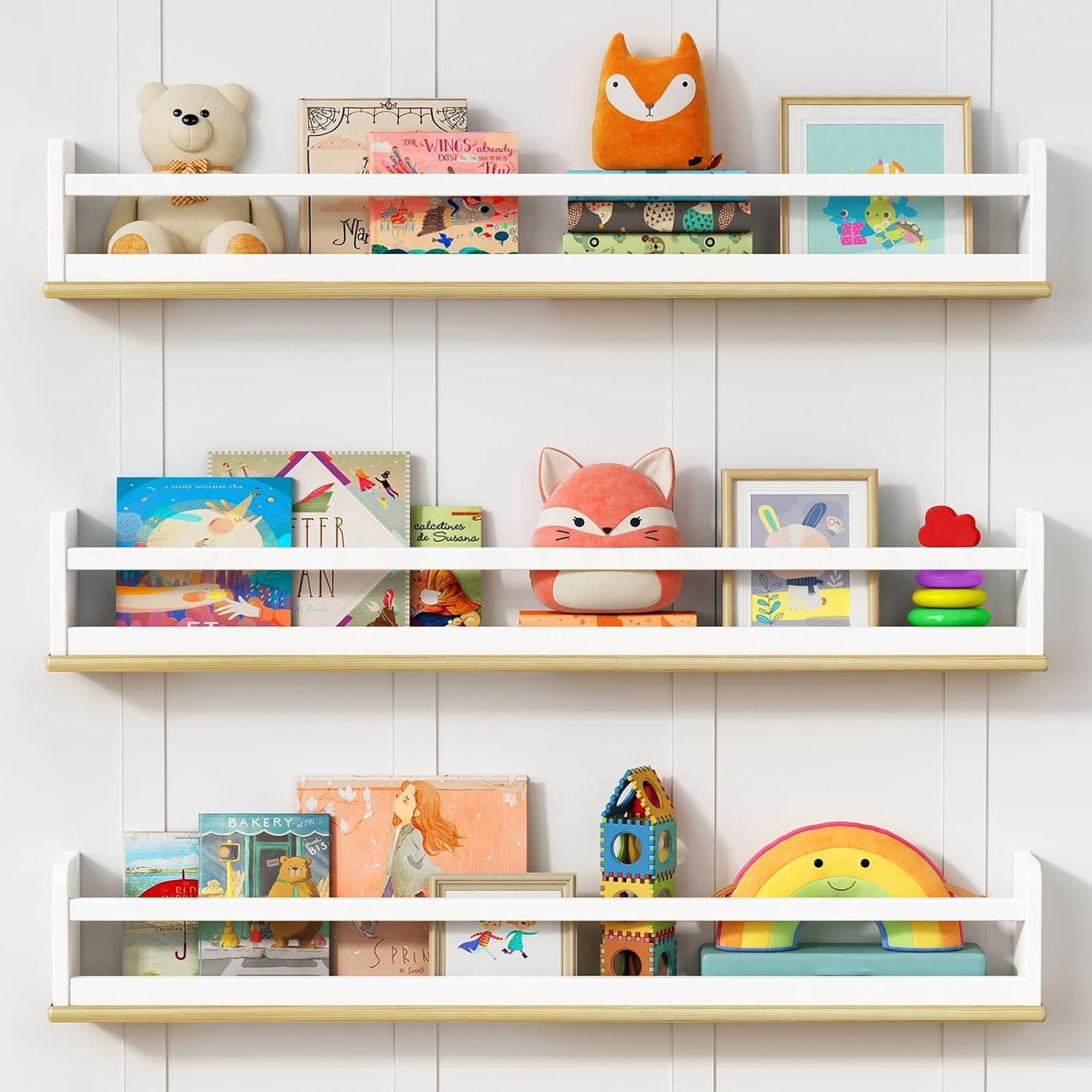 Upgraded Wall Bookshelf for Kids Room 36 Inches Long, White and Wood ...