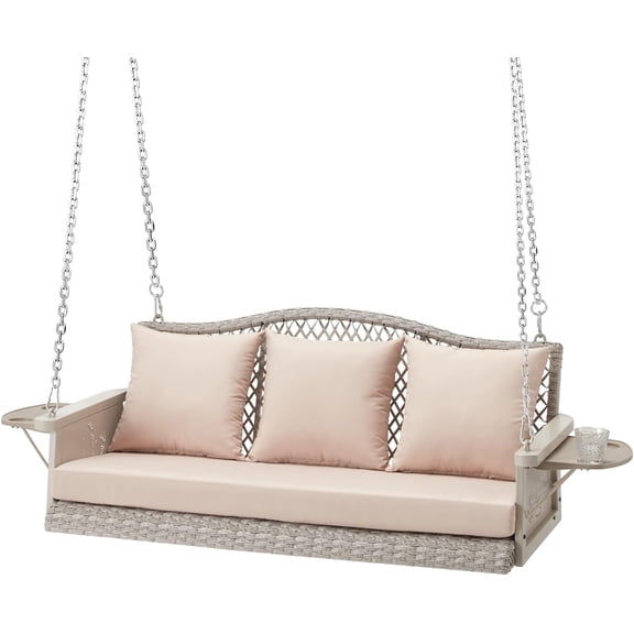 Upgraded Wicker Hanging Porch Swing Heavy Duty 900 LBS 3-Seat Outdoor Patio Swing Chair for Adult w/ 8.9ft Hanging Chains Cushions and Cup Holder