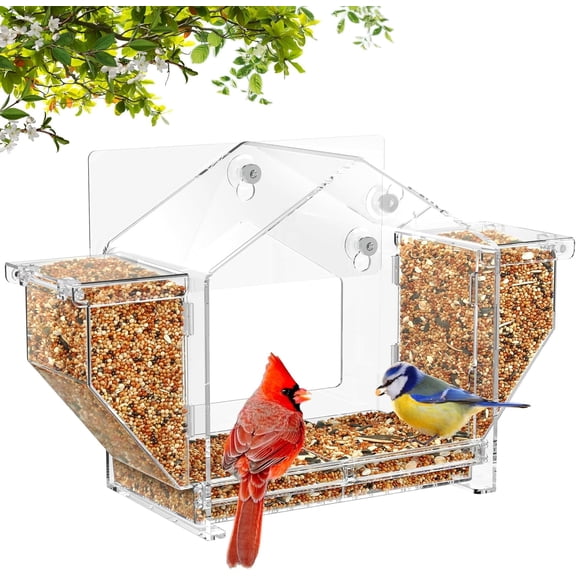 Upgraded Window Bird Feeder with Dual Side Hoppers – High Capacity Outside Birdfeeder for Window – Strong Suction Cups & Adhesive Options, Close-up Viewing for Indoor Cats & Seniors, Ideal Nature Gif