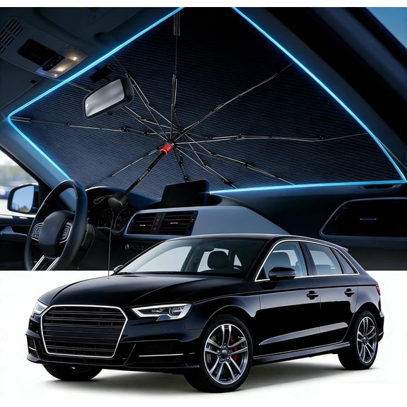 Upgraded Windshield Sun Shade Umbrella  Thickened Silver Titanium Coating, UV Protection for Car Front Window, Block Sun Rays & Keep Interior Cool, Reinforced Spring Edge, Universal Fit, 56"L x 31"W