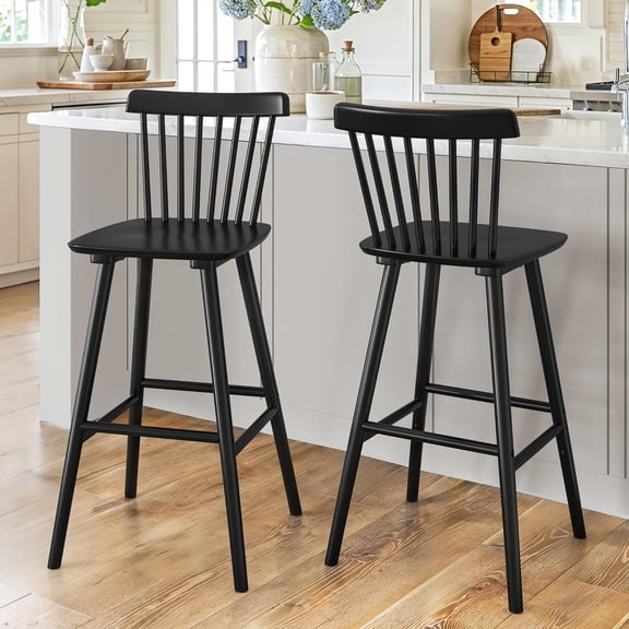 Upgraded Windsor Wooden Black Bar Stools Set of 2, 30 Inch Bar Height Barstools with Spindle Back/Bigger Seat for Kitchen Island