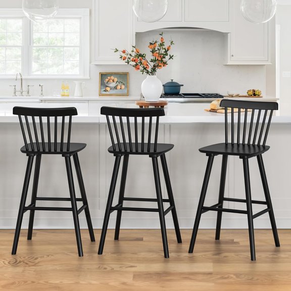 Upgraded Windsor Wooden Black Bar Stools Set of 3, 30 Inch Bar Height Barstools with Spindle Back/Bigger Seat for Kitchen Island