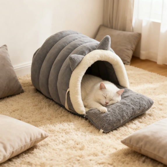 Upgraded Winter Cats Bed, Calming Plush Semi-Enclosed Pet Nest with Removable Cushion, Anti-Anxiety Warm Cat Dog Bed for Indoor Snuggles and Cozy Sleep
