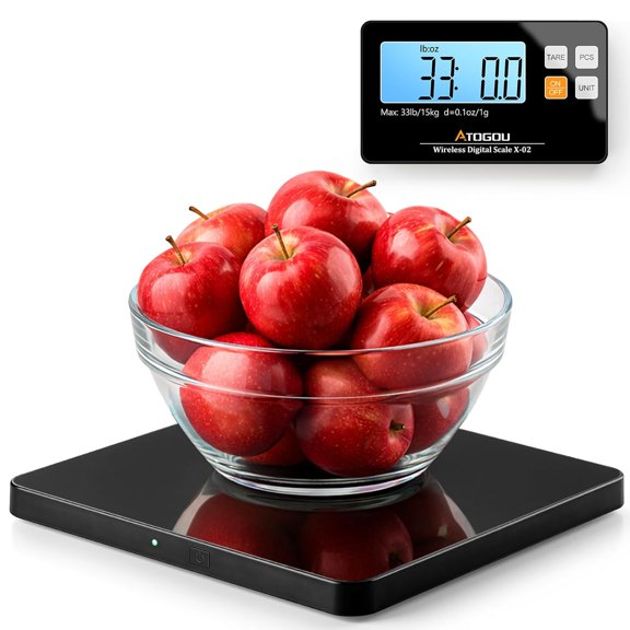 Upgraded Wireless Food Scale, 33lb/15kg Kitchen Scale with Detachable Display & Larger Platform, 0.1oz/1g, 9 Units, Counting Function, Stainless Steel, for Cooking, Baking, Shipping, Black