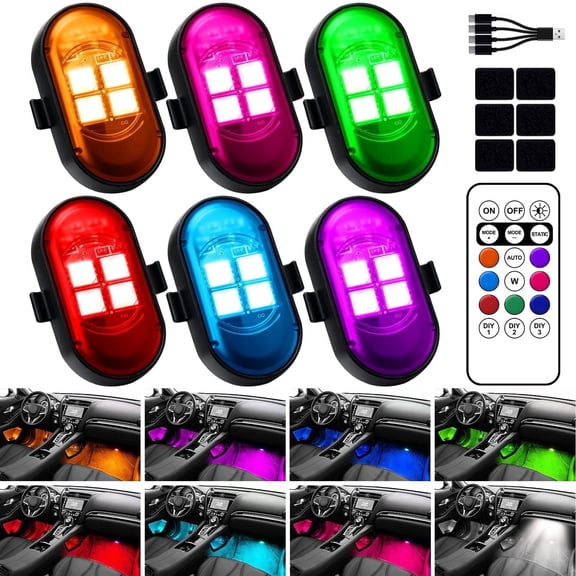 VFM Upgraded Wireless LED Lights for Car, Rechargeable Interior Car Lights with 8 Colors Brightness Adjustable, 12H Battery Life, Remote Control, Mini Strobe Lights for Vehicle Motorcycle Bike Decor