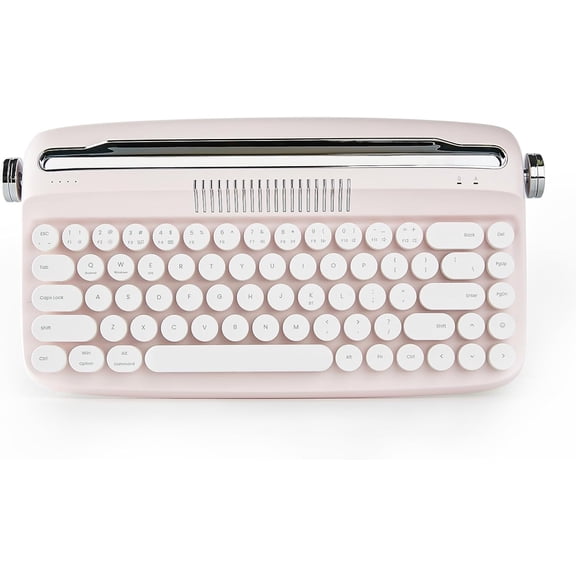 Upgraded Wireless Typewriter Keyboard, Retro Design with Integrated Stand, Cute Round Keycaps