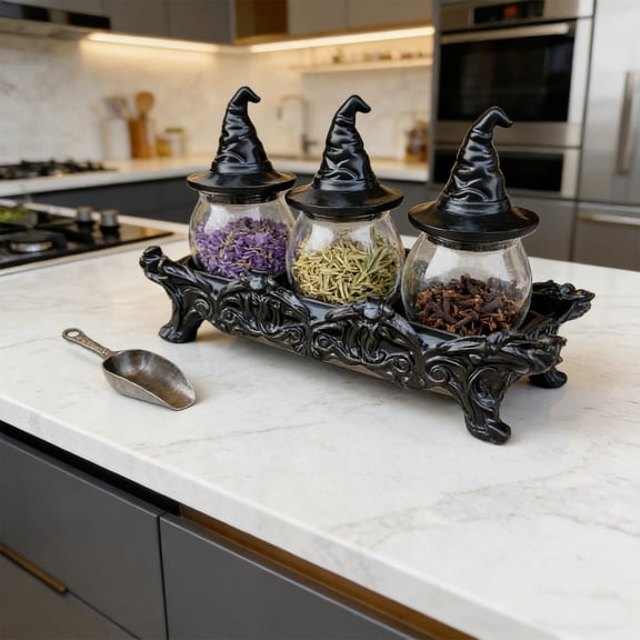 Upgraded Witch Spice Jar Set - Gothic Style Iron Base Glass Spice Jars - Kitchen Decor Spice Storage Jars For Herbs And Seasonings Unique Halloween And Themed Decor C
