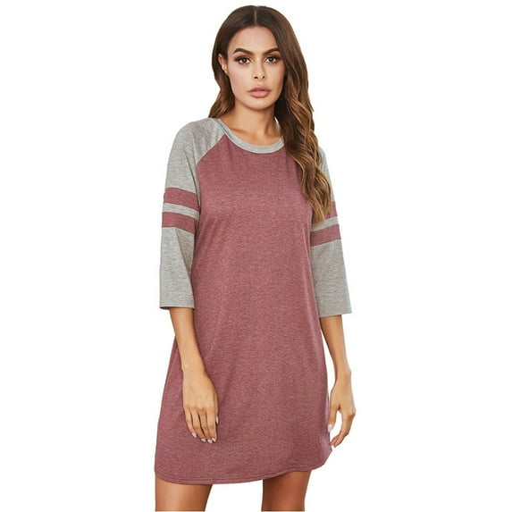 Upgraded Women Summer Mid-Sleeve Nightshirt Classic Crew Neck Color Block Sleepwear Sleep Dress,Soft Casual Pajamas Dress Tunic Nightgown Loungwear Loose Comfy NightShirts,S-2XL Red