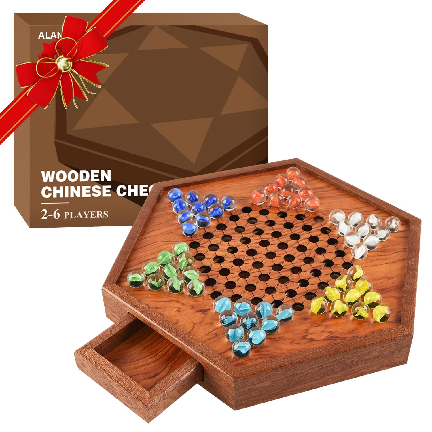 Tales Game Wooden Chinese Checkers Board Game Set - 12.7 Inch With Drawers  \u0026 60 Glass Marbles Jumping Discipline Whip, image size:1500x1500