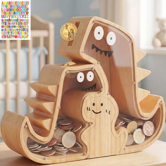 Upgraded Wooden Dinosaur Piggy Bank for Kids Set, Clear Piggy Bank for Girls  Boys, Family of 3 Money Saving Box(Mom, Dad, Child Set) Personalized Gifts for Kids Cute Wood Dino Money Box