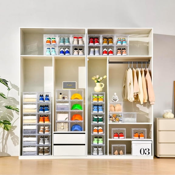 Upgraded X-Large Shoe Organizer,Shoe Storage Organizer,12 Pack,Shoe Box Clear Plastic Stackable,Drop Front Shoe Box with Clear Door, Shoe Containers For Sneaker Display