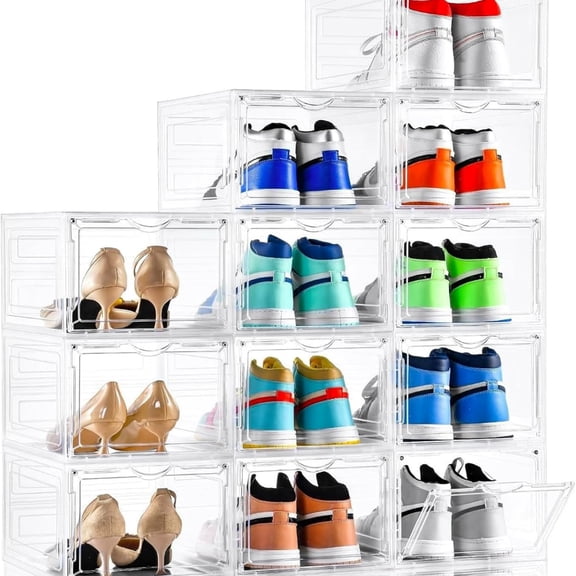 Upgraded X-Large Shoe Organizer,Shoe Storage Organizer,12 Pack,Shoe Box Clear Plastic Stackable,Drop Front Shoe Box with Clear Door, Shoe Containers For Sneaker Display,