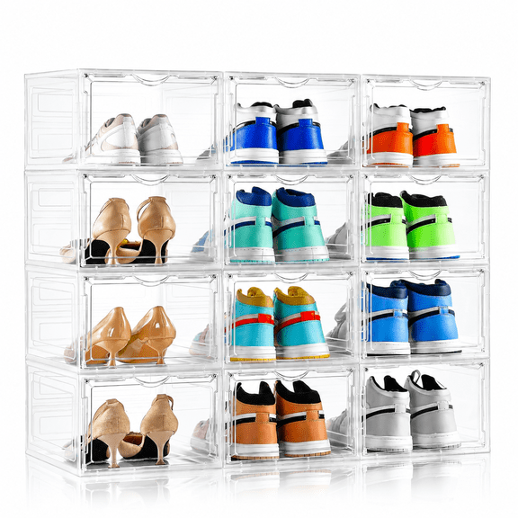 Upgraded X-Large Shoe Organizer,Shoe Storage Organizer,12 Pack,Shoe Box Clear Plastic Stackable,Drop Front Shoe Box with Clear Door, Shoe Containers For Sneaker Display,Fit up to US Size12