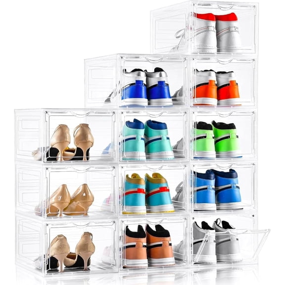 Upgraded X-Large Shoe Organizer,Shoe Storage Organizer,12 Pack,Shoe Box Clear Plastic Stackable,Drop Front Shoe Box with Clear Door, Shoe Containers For Sneaker Display,Fit up to US Size13