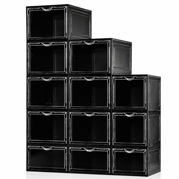 Upgraded X-Large Shoe Storage Box, 12 Pack, Shoe Box Clear Plastic Stackable, Drop Front Shoe Box with Clear Door, Shoe Organizer Containers For Sneaker Display, Fit up to US Size12, Black